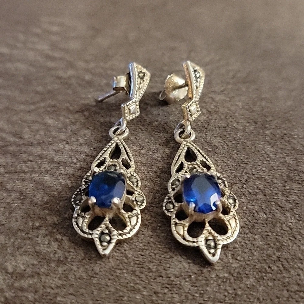 VTG Victorian Sterling Silver Blue Crystal Marcasite Formal Bridal Earrings